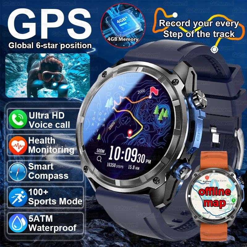 

2025 New Military GPS SmartWatch 4GB Memory Video Player Offline Maps Sports Smart Bracelet Men 50m Waterproof Swimming Watches