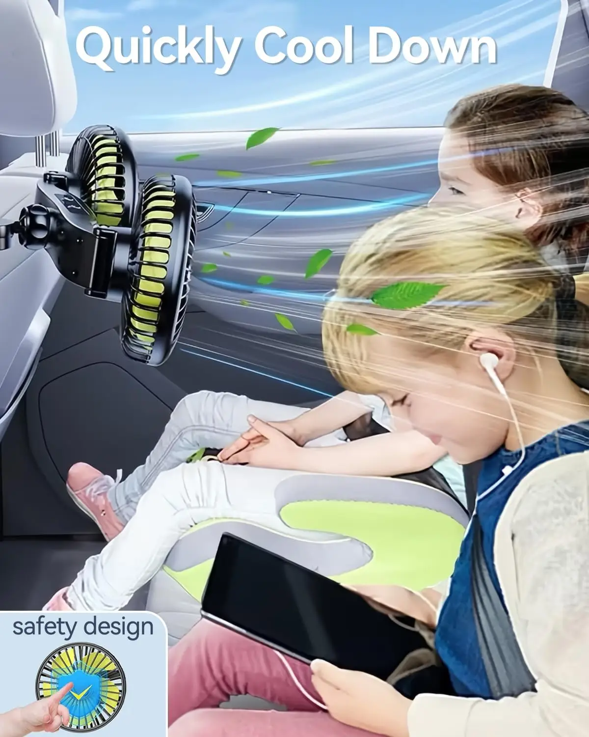 2026 New Upgrade Backseat Car Fan For Kids, 360° Dual Head USB Car Fan For Back Seat, 3-Speeds Adjustable Car Backseat Fan For