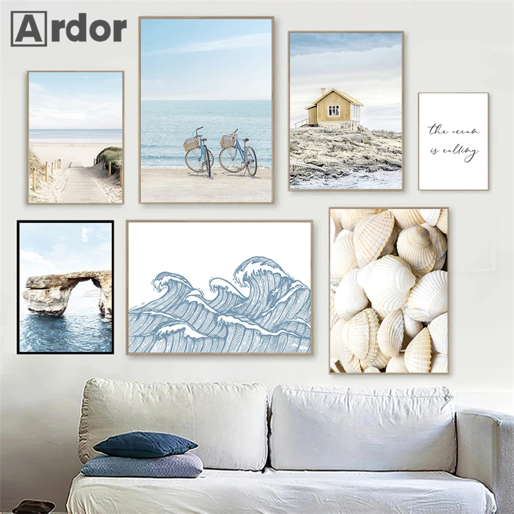 Abstract Sea Wave Beach Shell Posters Bridge Canvas Painting Line Whale Art Prints Nordic Poster Wall Pictures Living Room Decor