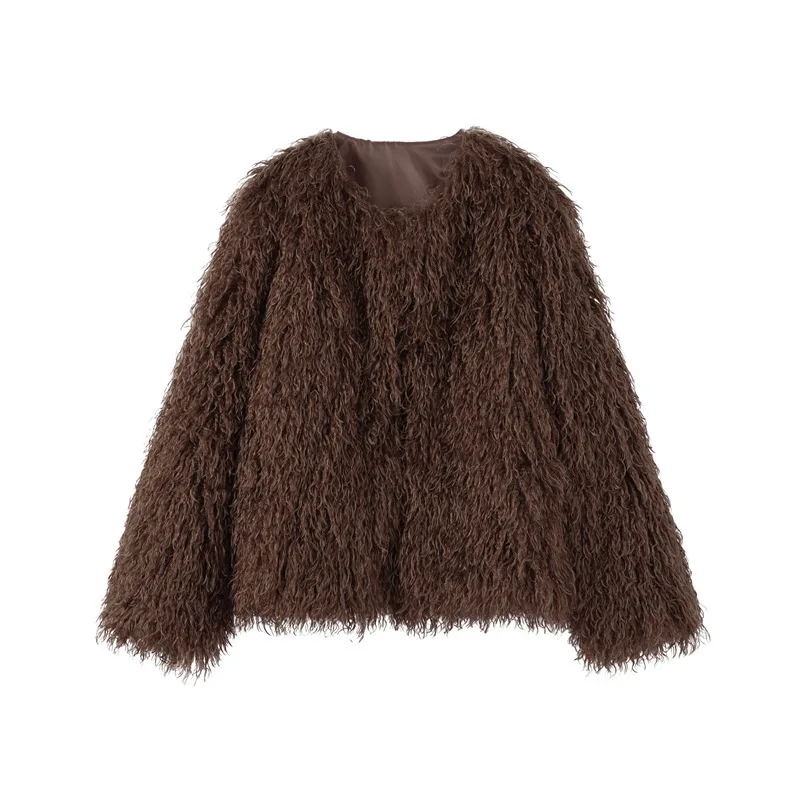

Brown Faux Mongolia Sheep Fur Jacket Short Lapel Women Plush Coat Long Sleeves Loose Furry Jackets Winter Warm Fluffy Outerwears