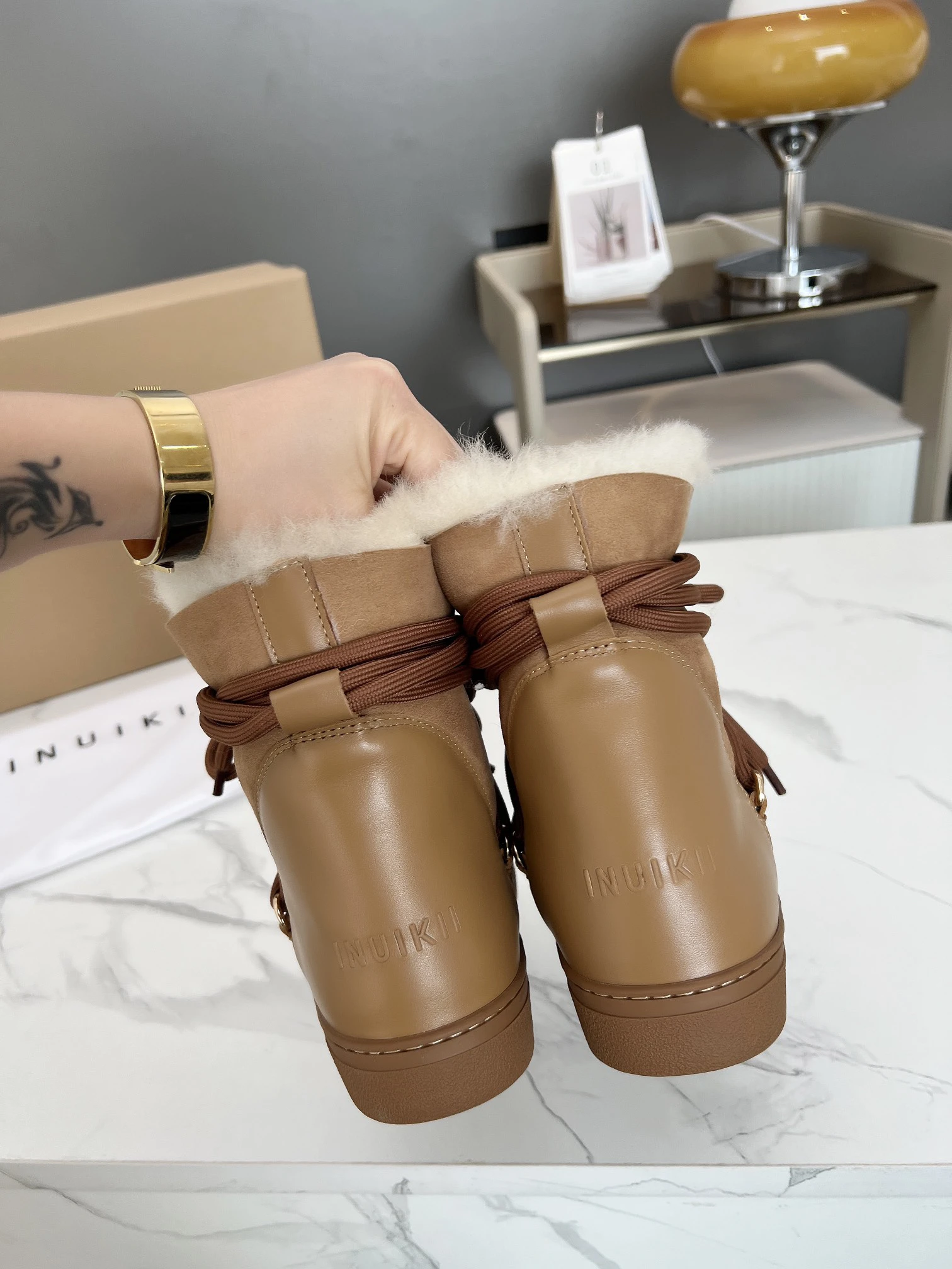 INUIKII Cow Suede Patchwork Short Boots Women Round Toe Inside Wool Warm Winter Shoes Leisure Cross-tied Flat Snow Boots Woman