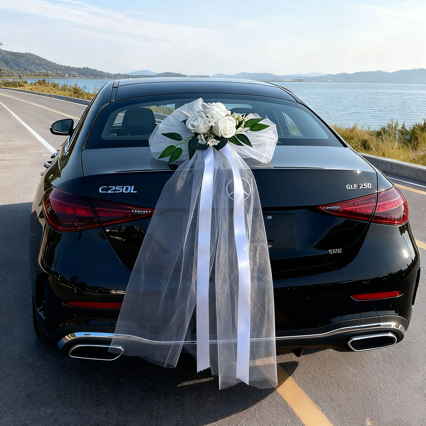 Wedding Car Decoration Garland with White Artificial Flowers and Ribbon Bow Set, Just Married Front Hood Floral Kit