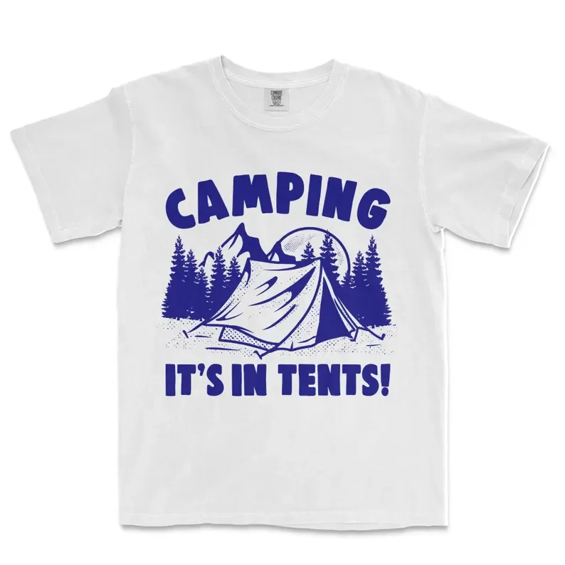 Men White T-Shirt Funny Camping It's In Tents Pun Graphic Tee Blue Printed Top For Outdoor Adventure Hiking Casual Wear