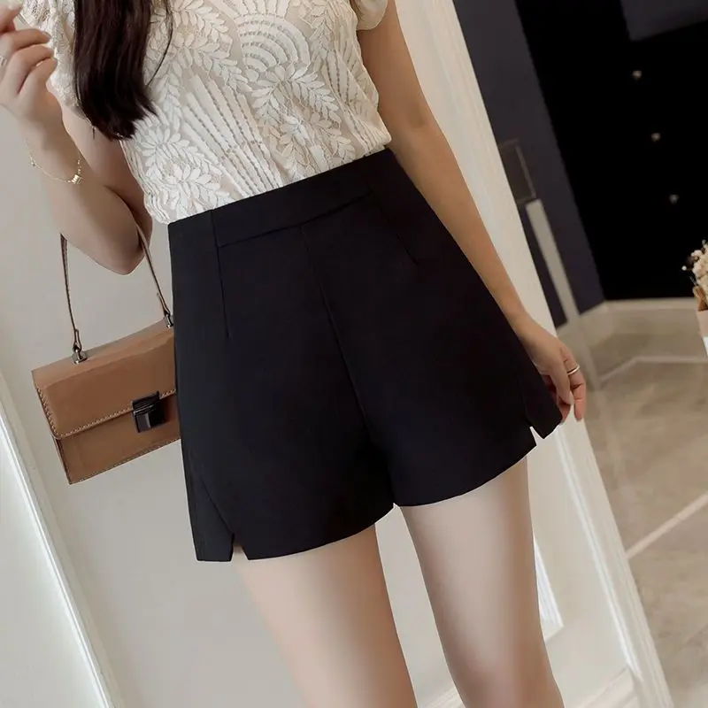 패션 솔리드 컬러 스플 라이스 한국어 넓은 다리 반바지 여성 의류 2025 여름 새로운 느슨한 지퍼 높은 허리 모든 경기 반바지