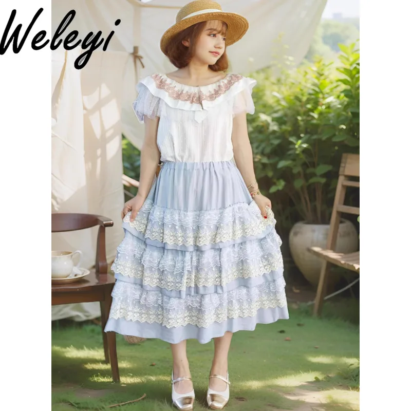 

Sweet Japanese Woman Multi-layer Lace Cake Skirt Summer Korean Style Mori Fairy High Waisted Mid-length Cake Skirts for Women