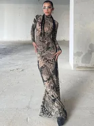 Dulzura Women 2023 Autumn Winter Long Sleeve Mesh See Through Streetwear Bodycon Long Dress Wholesale Items For Business