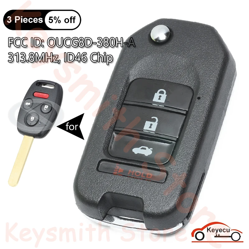 

KEYECU 4 Buttons 313.8MHz ID46 Chip for Honda Odyssey 2005-2010 Accord 2003-2007 Auto Upgraded Flip Remote Key Fob OUCG8D-380H-A