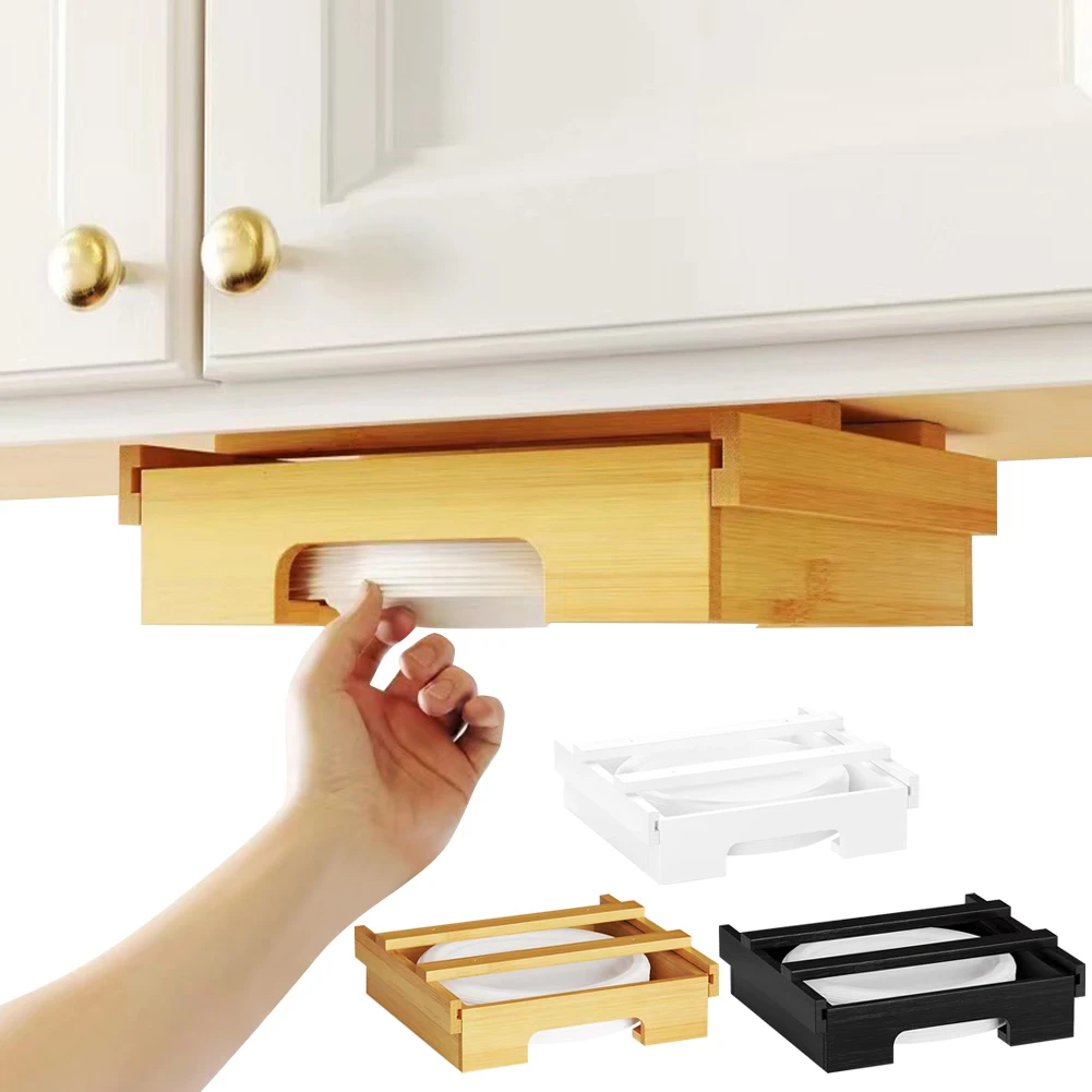 10-Inch Bamboo Under Cabinet Plates Holder Paper Tray Storage Rack Disposable Paper Tray Dispenser for Kitchen Vertical Plate
