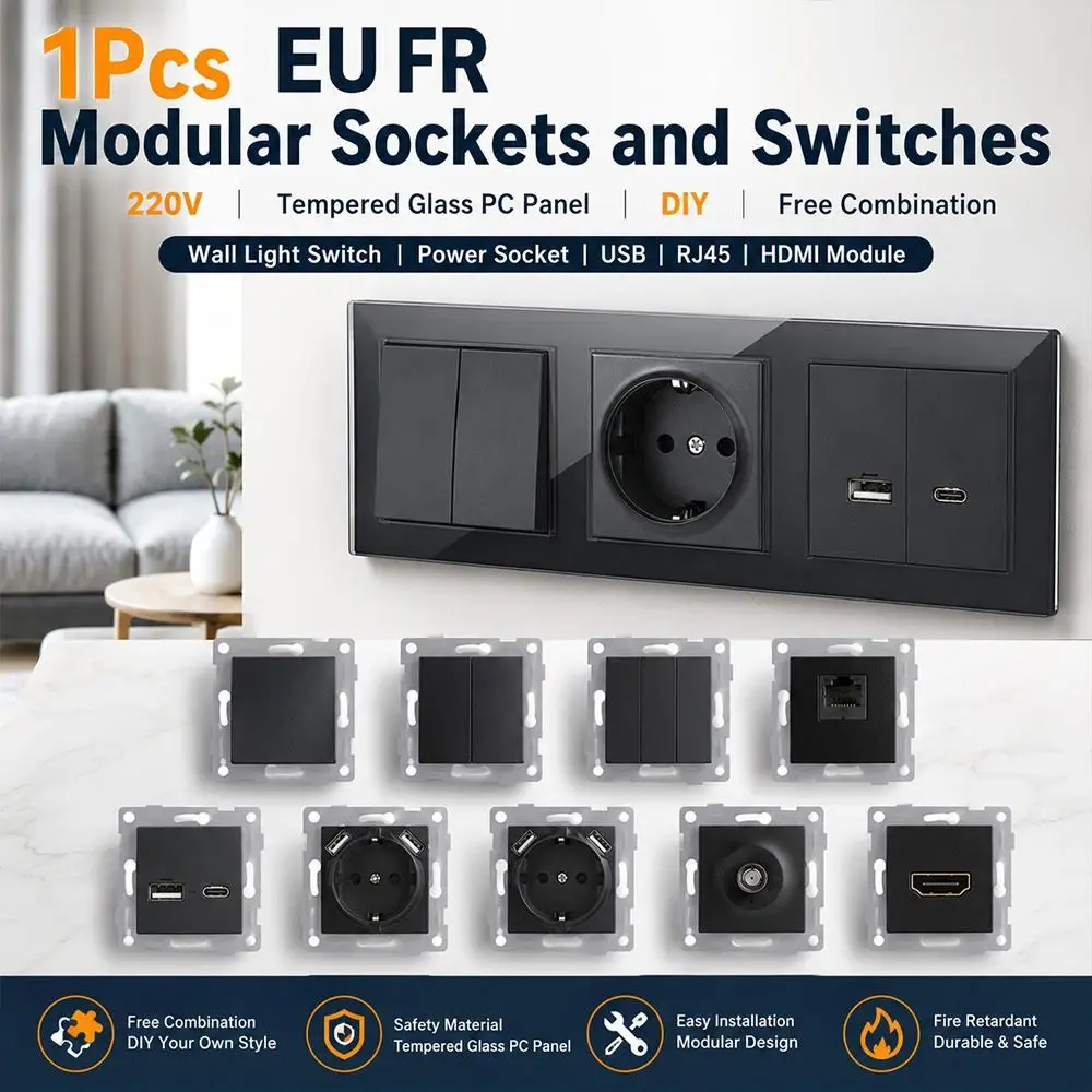 1Pcs 220V 16A 250V Modular Sockets And Switches Dual USB Fast Charge RJ45 TV Panel Wall Switch PC Panel Wall Power Socket Switch