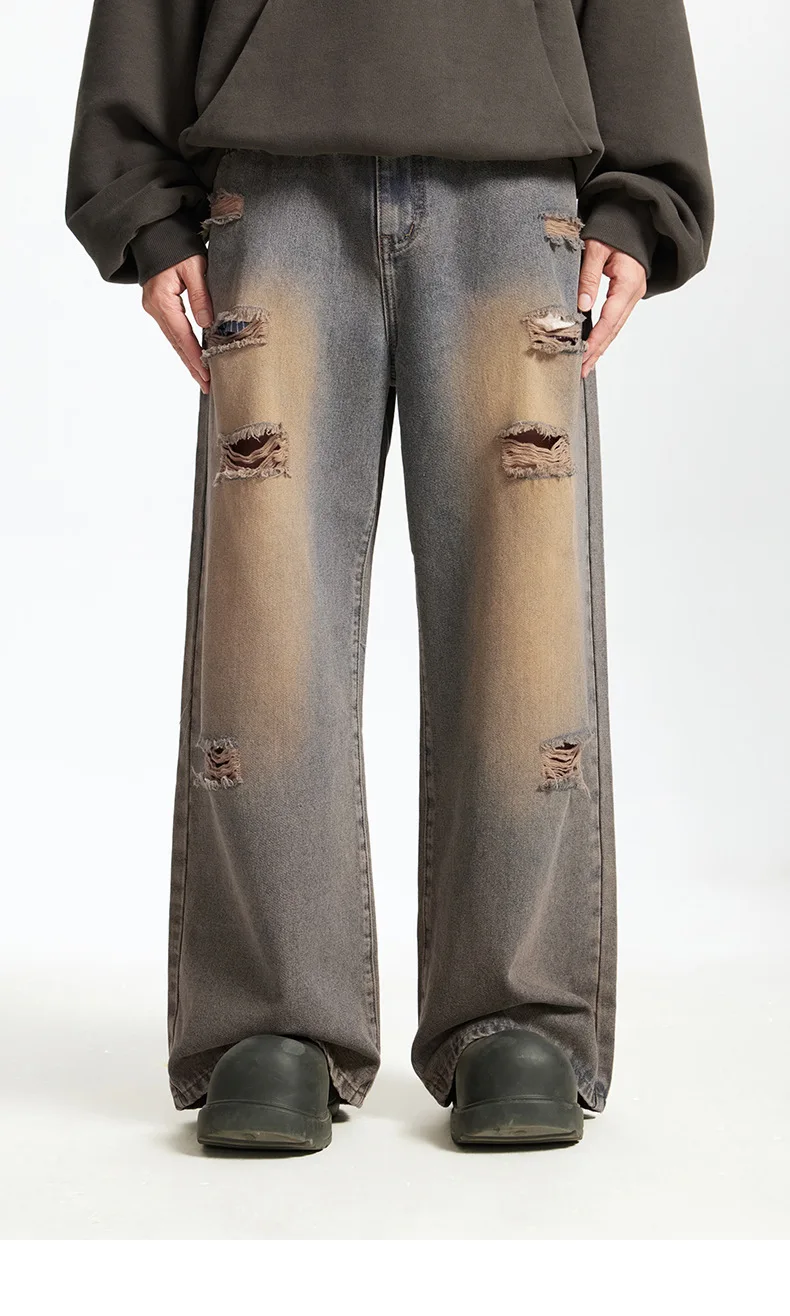 2025 Men's Star Embroidery Ripped Jeans - Distressed Washed Wide Leg High Street Loose Straight Pants, Hiphop Streetwear Fashion