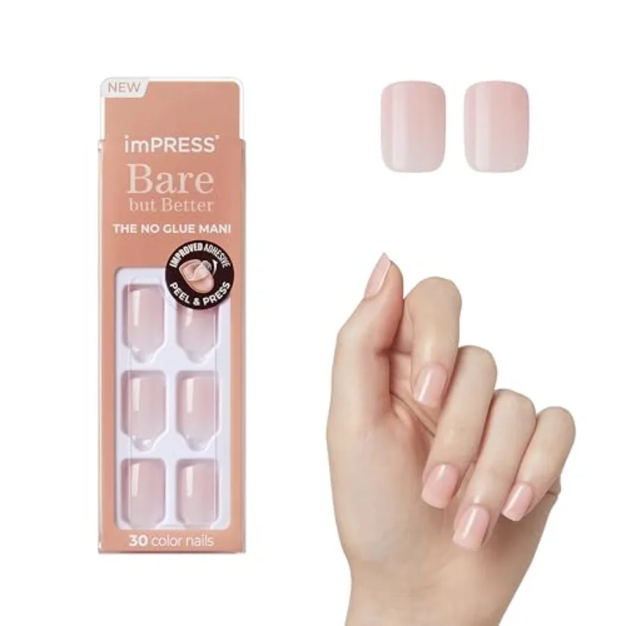 

Kiss Impress Bare But Better No Glue Mani Press On Nails Kit, Instinct, 30 Nude Pink Short Squoval Nails, Natural-Looking Salon