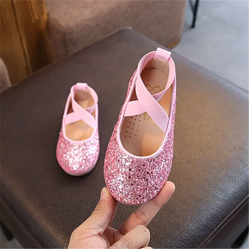 Sepatu dansa putri anak perempuan, Kasut dansa sol lembut Bling tiga warna Pink untuk bayi musim semi musim gugur 26-35