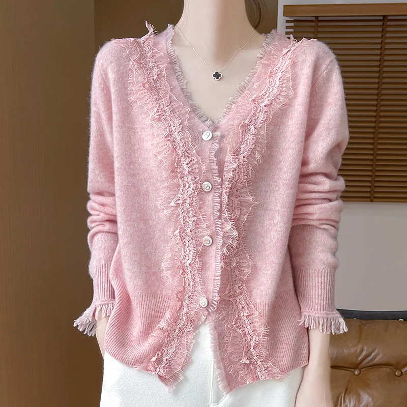 

Women's Sweater Autumn/Winter New 100% Merino Wool Tops Women V-neck Knitted Cardigan Fashion Tassel Long Sleeve Shirt Clothing