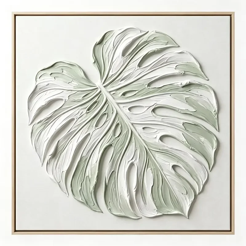 3D Heavy Texture Modern Monstera Leaf Oil Painting Handmade Sage Green White Sculptural Scenery Canvas Wall Art Decor