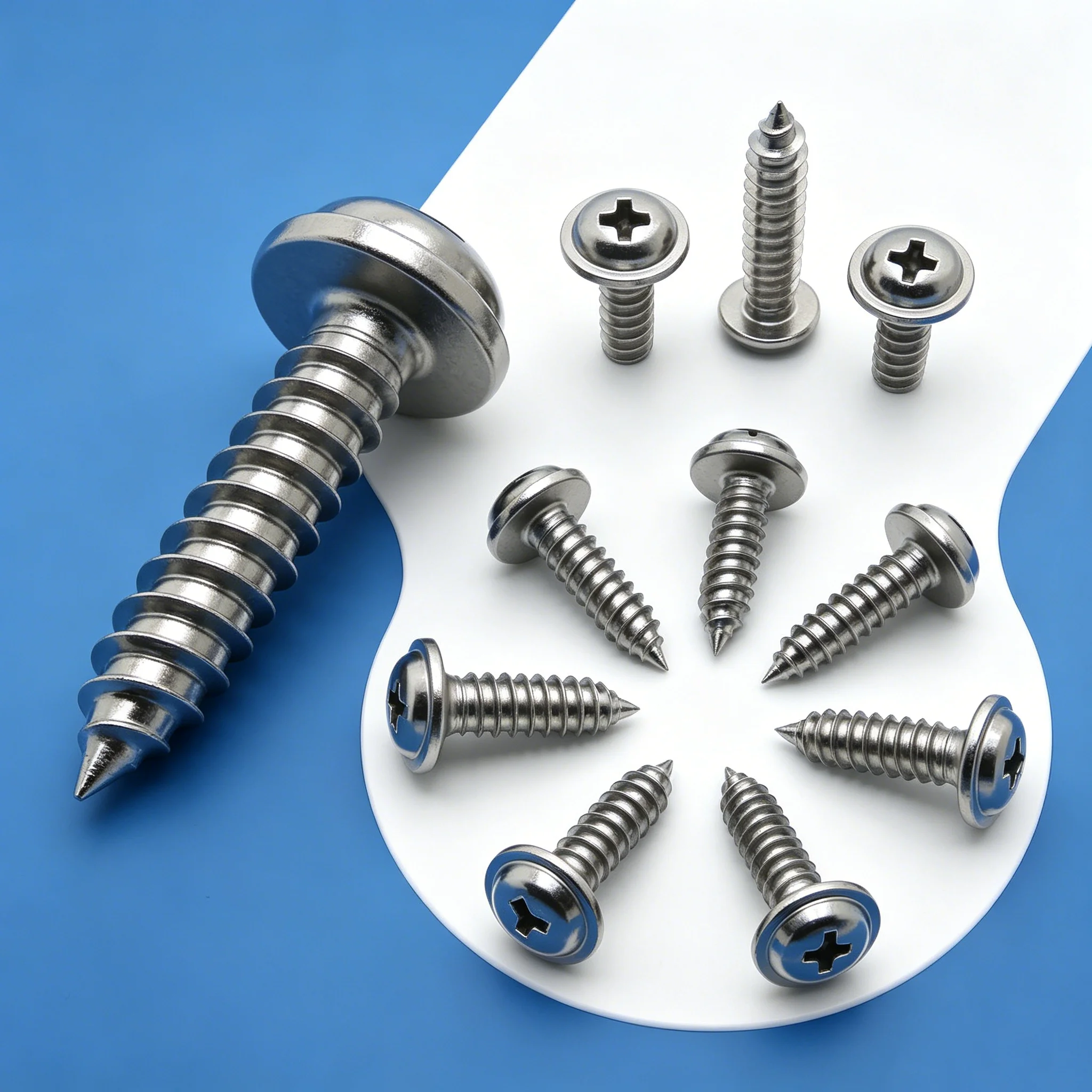 304 Stainless Steel PWA Self Tapping Screws Cross Round Head With Washer Multiple Sizes M1.4-M5 50Pcs DIY Woodworking Fastener