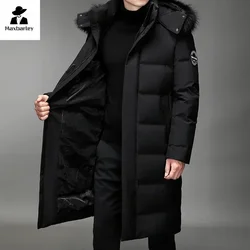 Casaco longo estilo coreano masculino, gola de pele destacável, boné de pato branco, casaco quente, marca de luxo, parka leve, inverno