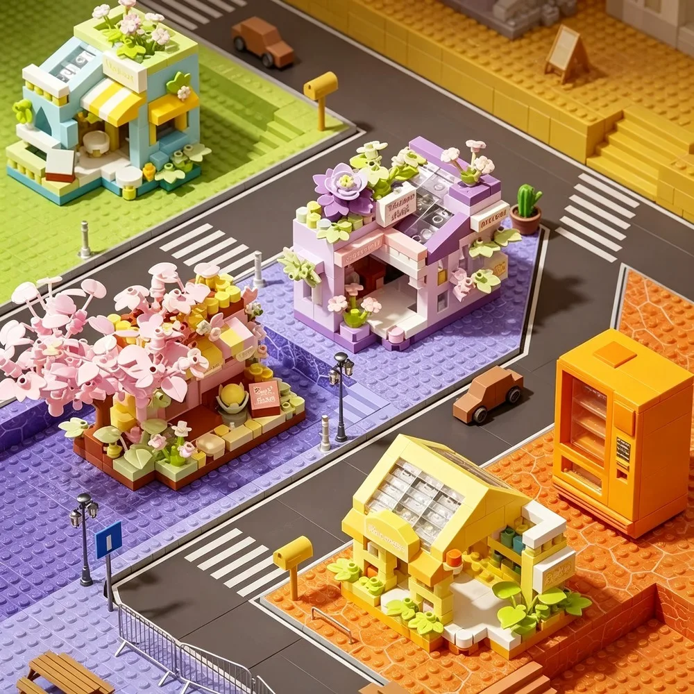 Micro Particle Building Blocks Florist Street View Sakura Tree House DIY Assembly Bricks Desktop Ornament Build Decoration Gift