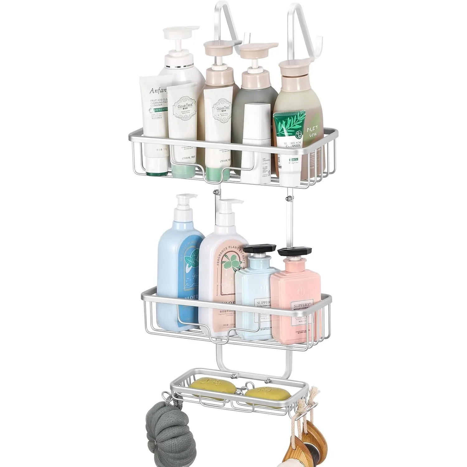 Drill-Free Shower Caddy Over Door 3-Tier, Aluminum Hanging Shelf with Multi-Hooks Soap Holder, Bathroom Spa Organizer Silver