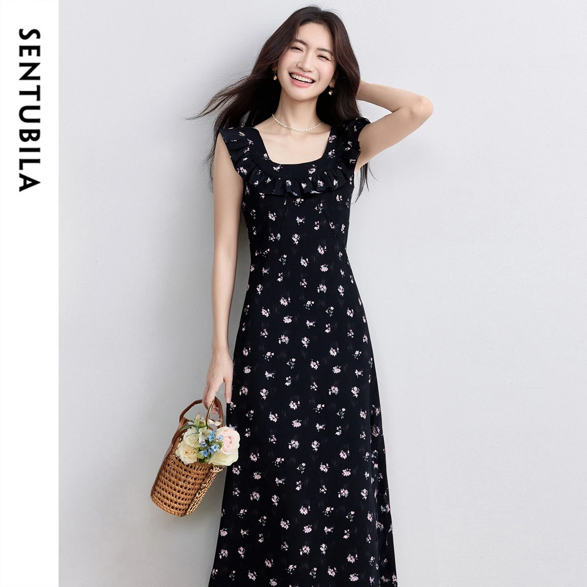 

SENTUBILA Women's Summer Floral Dress 2026 Elegant Printed Lace-up Sleeveless Fitted Waist Long Dress Two Ways To Wear 152LO3118