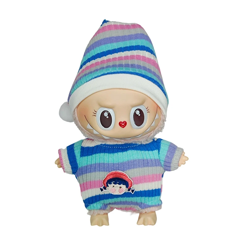 Voor V1 V2 17 cm Labubu Pop Kleding Set Mode Gestreepte Trui Outfit Hoed Schoenen Camera Accessoires Kawaii DIY Gift