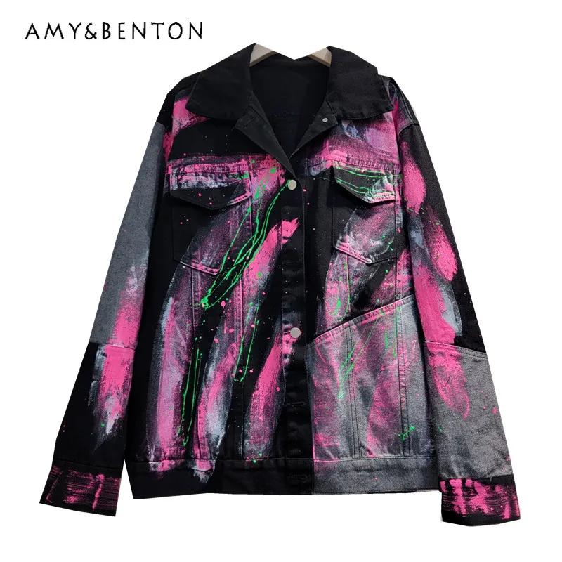 

2023 Autumn New Distressed Hip Hop Dark Hand Painted Graffiti Overcoat Ins Versatile Loose Hong Kong Style Denim Jackets Outwear