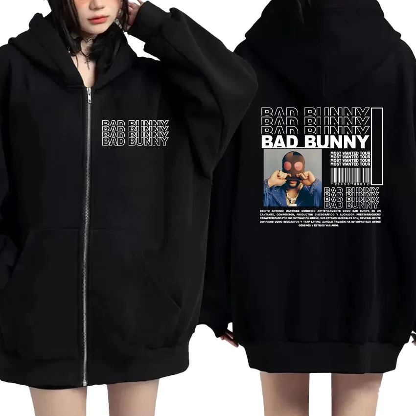 

Fashion BAD BUNNY Graphic Double Sided Print Autumn Winter Zipper Men Women Sweatshirts Fleece Zip Up Hoodies Unisex Outerwear