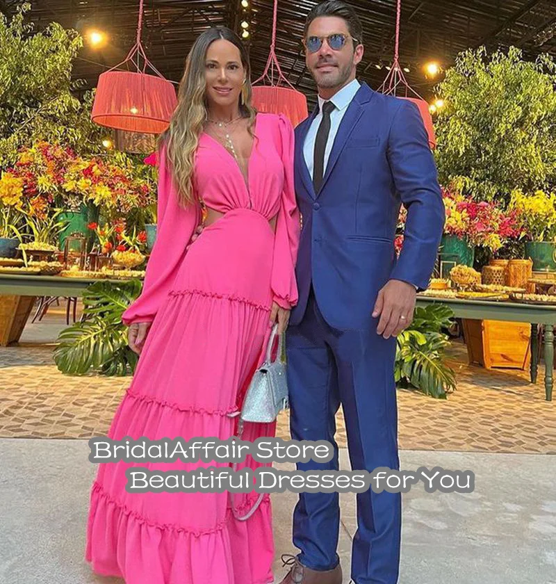 BridalAffair-vestido De noche De gasa con mangas abullonadas, traje De noche De gasa con cuello en V fruncido, vestido De fiesta De playa, color fucsia, Abiti Da Cerimonia, 2022