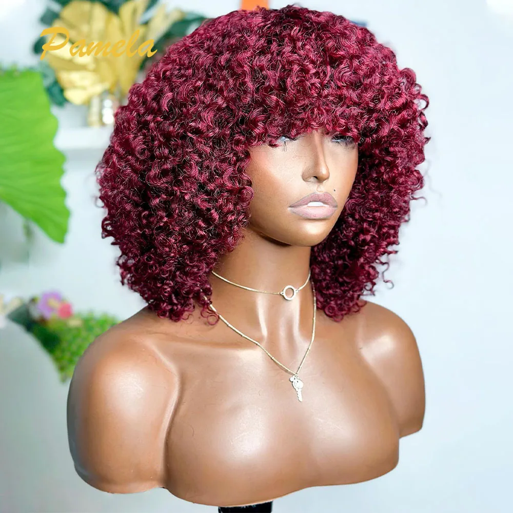 250% Density Short Curly Pixie Cut Bob 4x4 Lace Closure Wig With Bangs Bungurdy 99j Color Glueless Human Hair Wig Ready To Wear