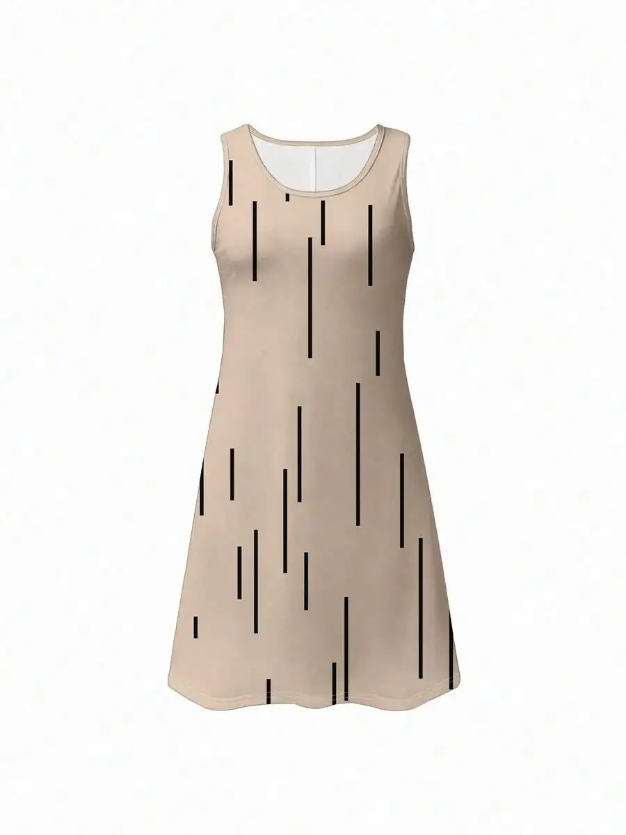 

Plus Size Sleeveless Round Neck Knee Length Dress With Vertical Line Print