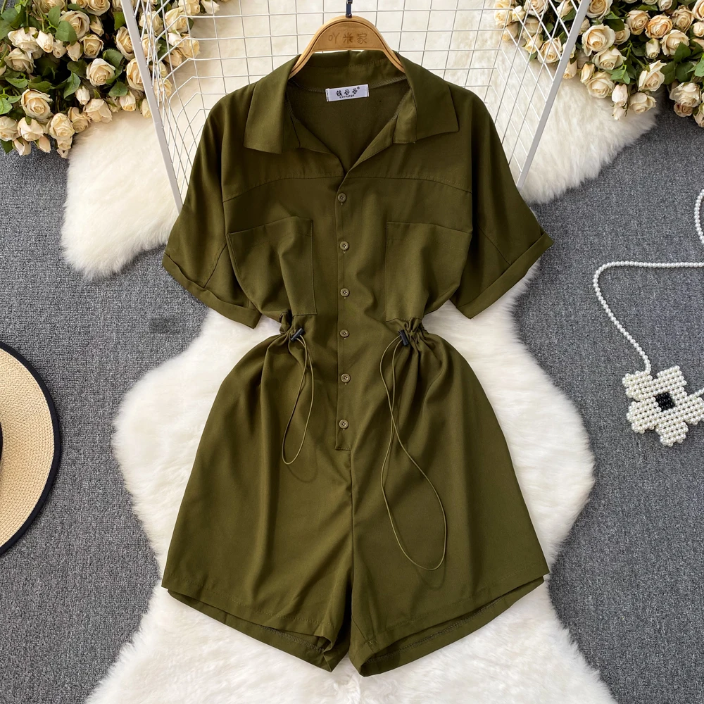 

2024 Summer Korean Retro Short Sleeved Polo Neck Loose Waist Slimming Drawstring A-line Wide Leg Jumpsuit Skirt