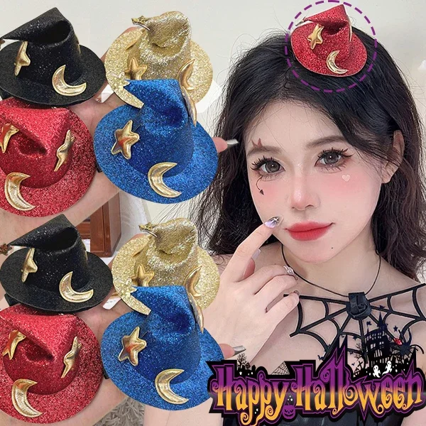 Halloween Witch Hat Hair Clip Mini Star Moon Witch Cap Hairpin Headdress Women Party Costume Ornaments Headwear Party Hairpins