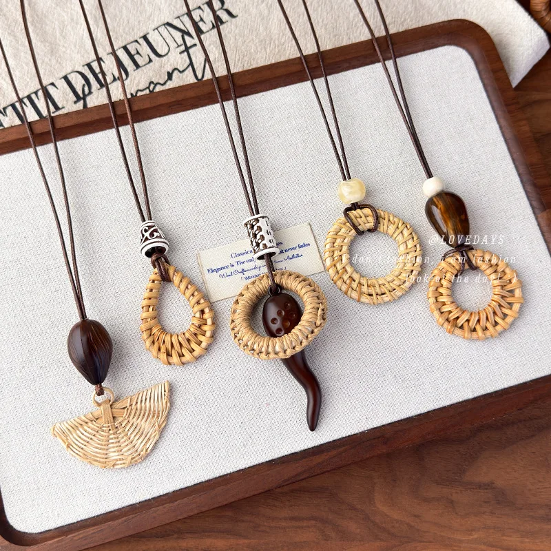 Premium Woven Geometric Long Necklace Ethnic Bohemian Resort Style Adjustable Cord Pendant Sweater Chain