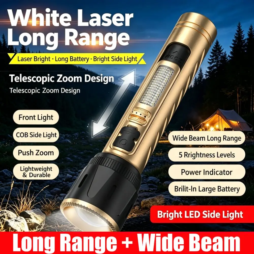 COB Side Light White Laser Flashlight USB Charging 500M Long Range Strobe Warning Torch Wide floodlighting Zoom
