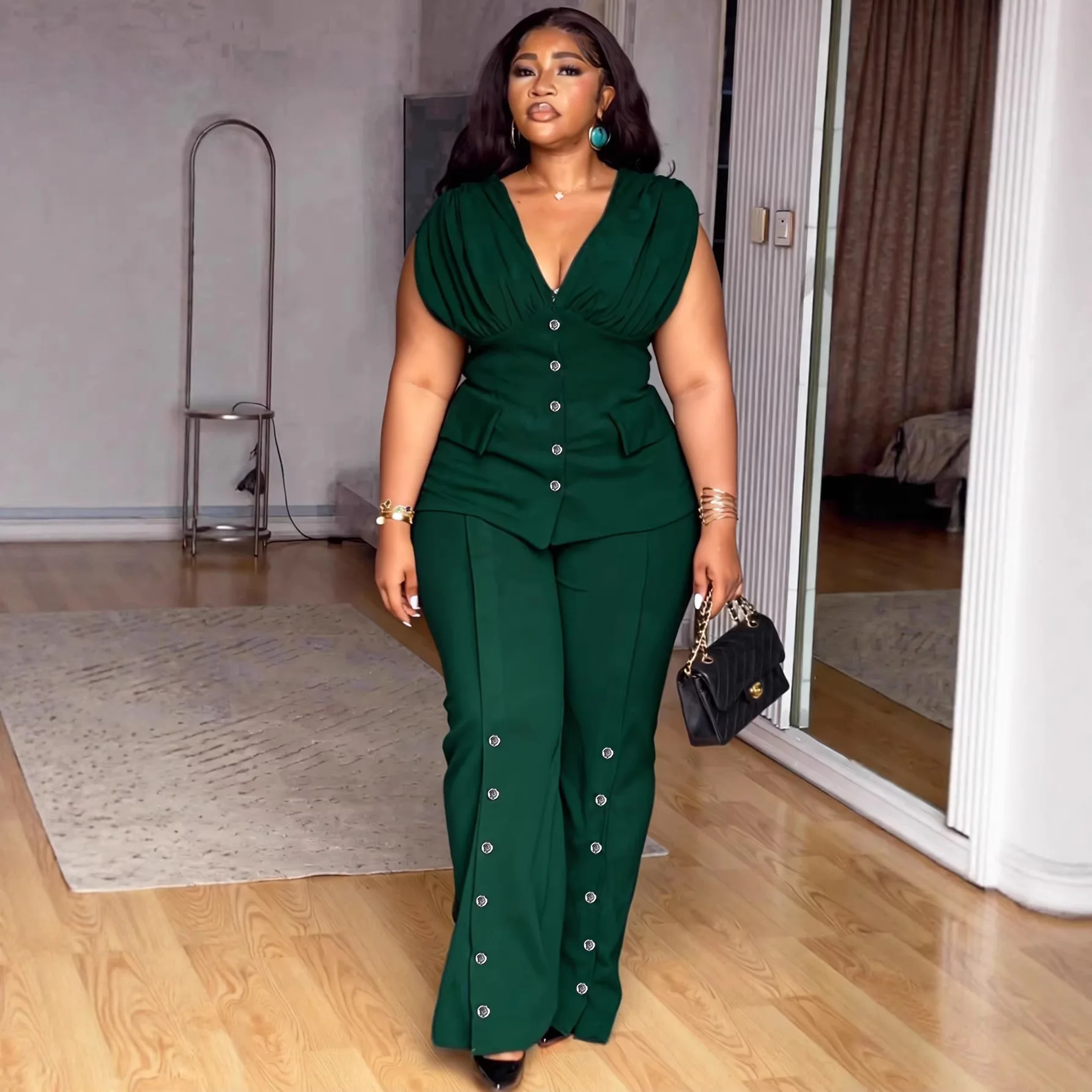 Plus Size Emerald Green Business Two Piece Outfit Deep V Sleeveless Pocket Blazer Decor Button Flare Trousers Office Pant Set