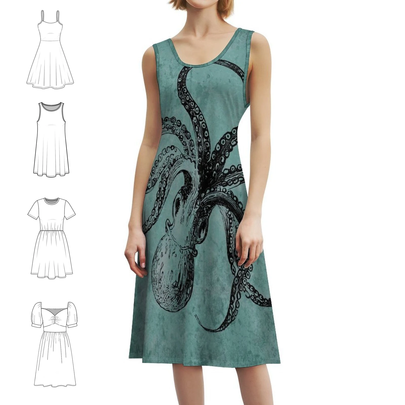 ヴィンテージ オクトパス ボヘミアン ノースリーブ ドレス マルチプリント ビーチ バケーション パーティー ドレス ヴィンテージ オクトパス 海 海の生き物 自然 女性