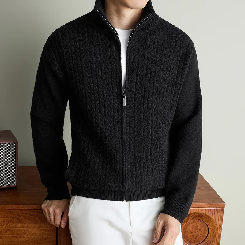 Fashion jacquard men's sweater cardigan solid color winter thicken warm Popular zipper jacket casual stand collar knitted coat