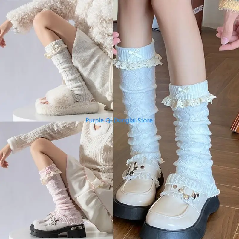 L21E Women Fairycore Knitted Leg Warmers Calf Socks Japanese Sweet Bowknot Ruffled Lace Trim Leg Covers Boot Cuffs Stockings