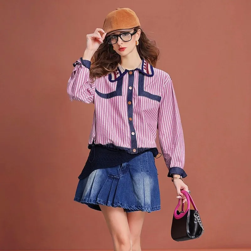 Shirt Women Print Print Long Sleeve Blouse Casual Feminina Blousa Vintage Retro Flowers Collar Patchwork Spliced Shirts NZ286