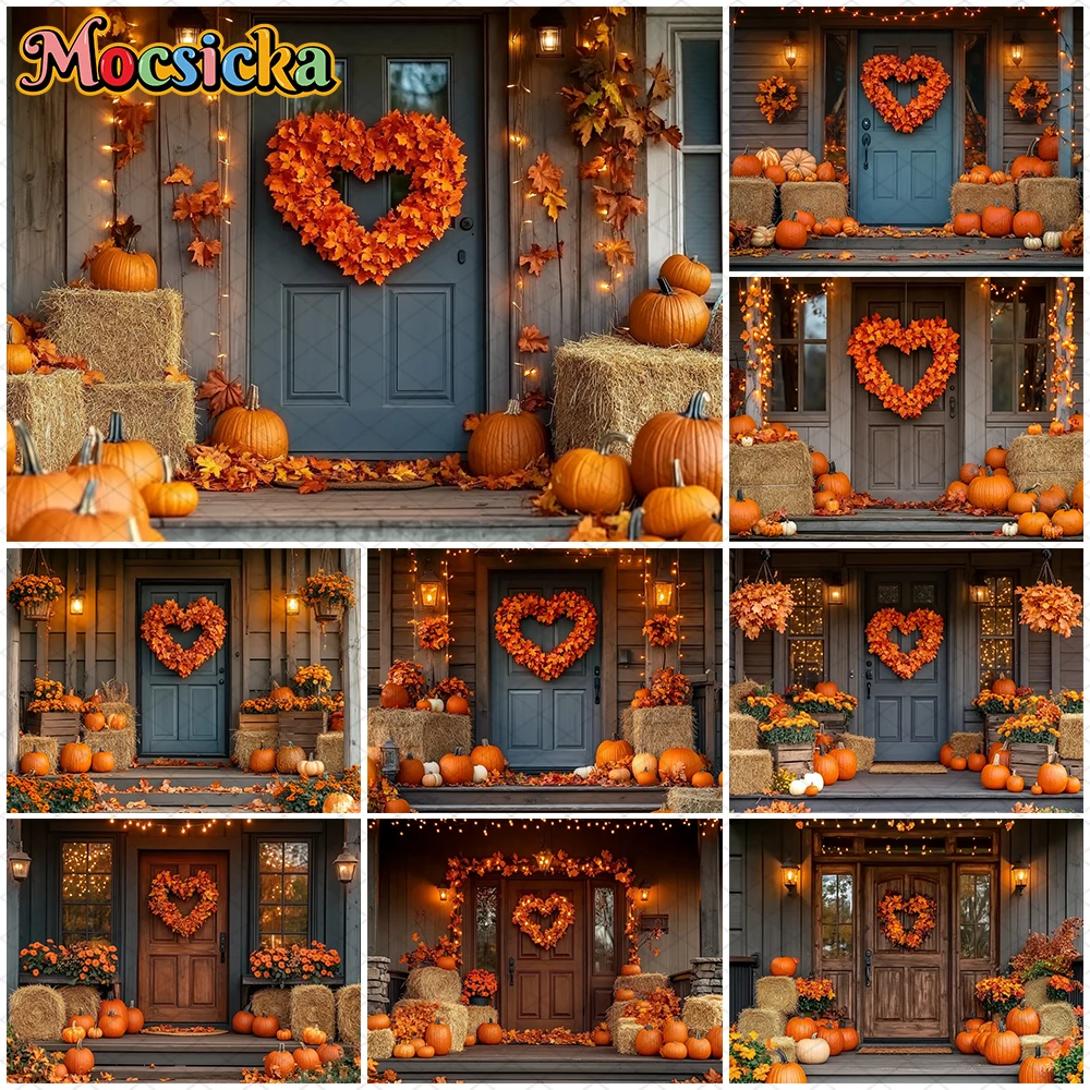 Mocsicka Autumn Photography Backdrops Love Harvest Yellow Maple Leaf House Door Decorations Fall Pumpkin Party Background Banner
