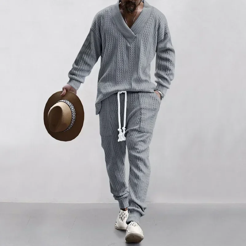 2024 Men\'s Knitted Suit Sets Long Sleeve V-neck Shirts and Drawstring Pants Sets Pockets Tracksuit Men\'s Solid Knitted 2PCS Sets