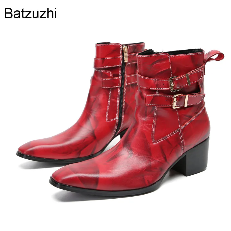 Batzuzhi Fashion Knight Boots Men Pointed Toe Red Ankle Boots Men Zip Buckles Party, Wedding Boots Man 6.5cm High Heels, 38-46!