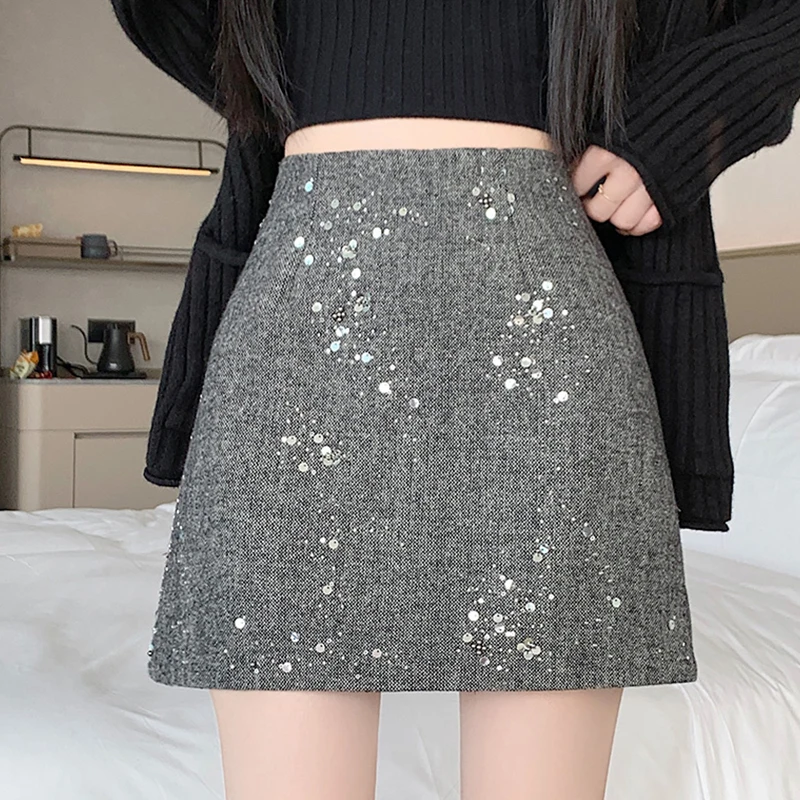 Sequined Woolen Skirt for Women 2025 Winter New High-waist Slim-looking A-line Skirts Korean Style Grey Vintage Zipper Skirt