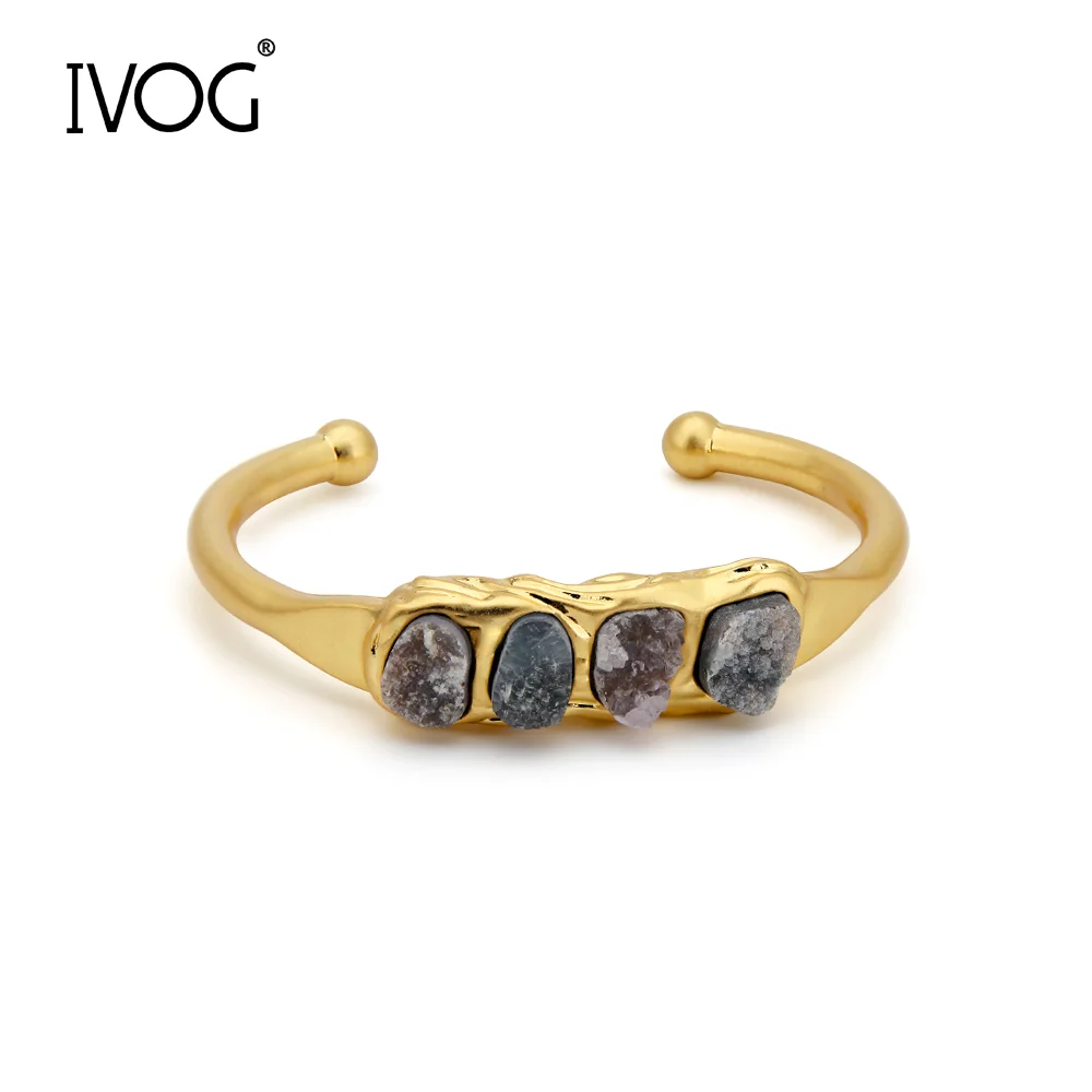 IVOG Copper Open Cuff Bangle Inlaid Four Raw Semi Precious Stones Irregular Texture Bracelet Women Daily Party Jewelry Gift