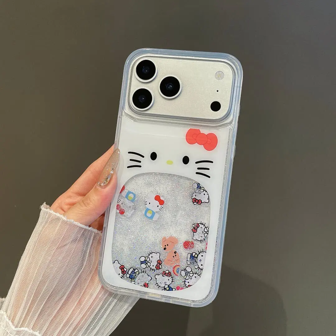 

Cute Cartoon Sanrio Hello Kitty Bling Glitter Liquid Quicksand Phone Case For iPhone 17 16 15 14 13 Pro Max Clear Hard Cover