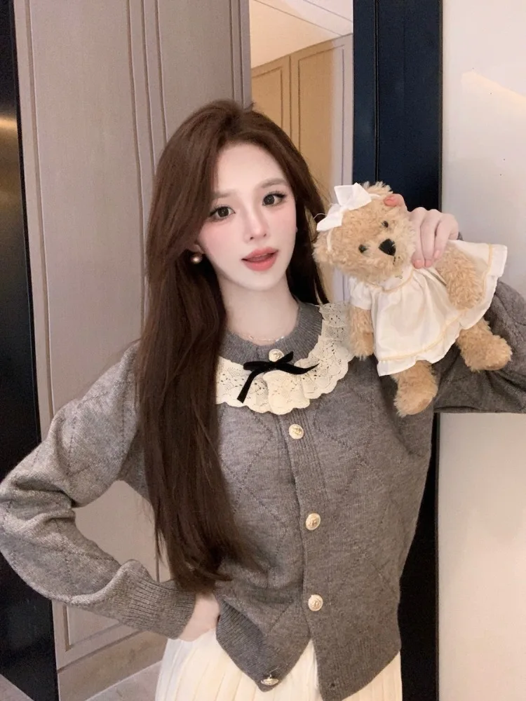 

Korean Style Sweet Lace Collar Knitted Sweater Cardigan Women's Autumn Winter Fashion Soft Cozy Long Sleeve Knitwear