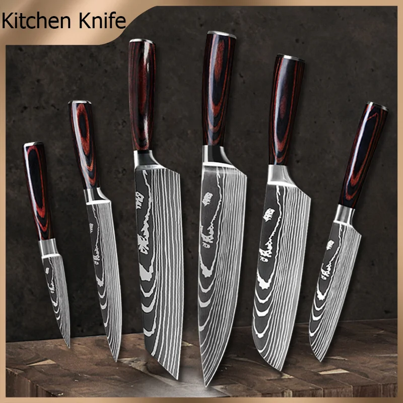 Kitchen Knives Stainless Steel 1-10PCS Set 7CR17 440C Laser Damascus Japanese Cleaver Slicing Utility Chef Knife Cooking Tools