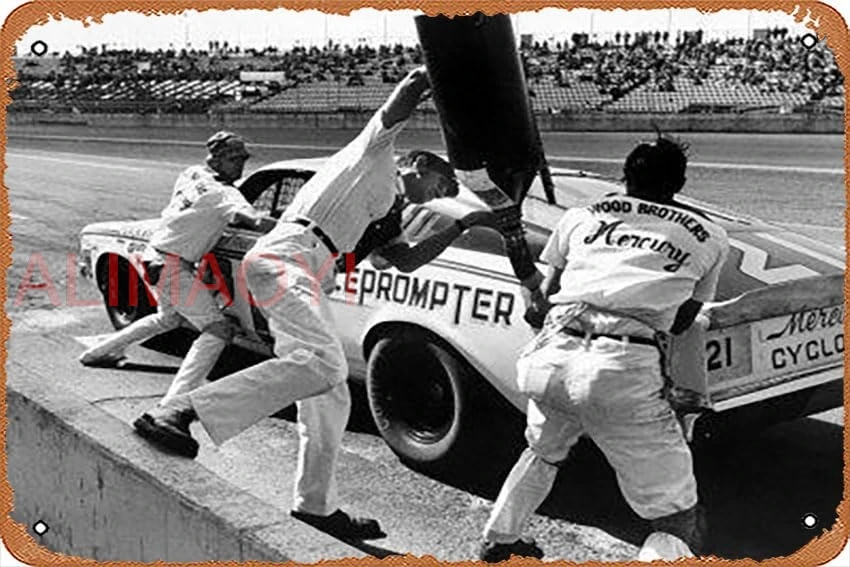 Metal Tin Sign 8 X 12 Inch - Expert Mechanics Making Repairs on a Car During the Daytona 500 Race - Poster Metal Plaque Caf nice