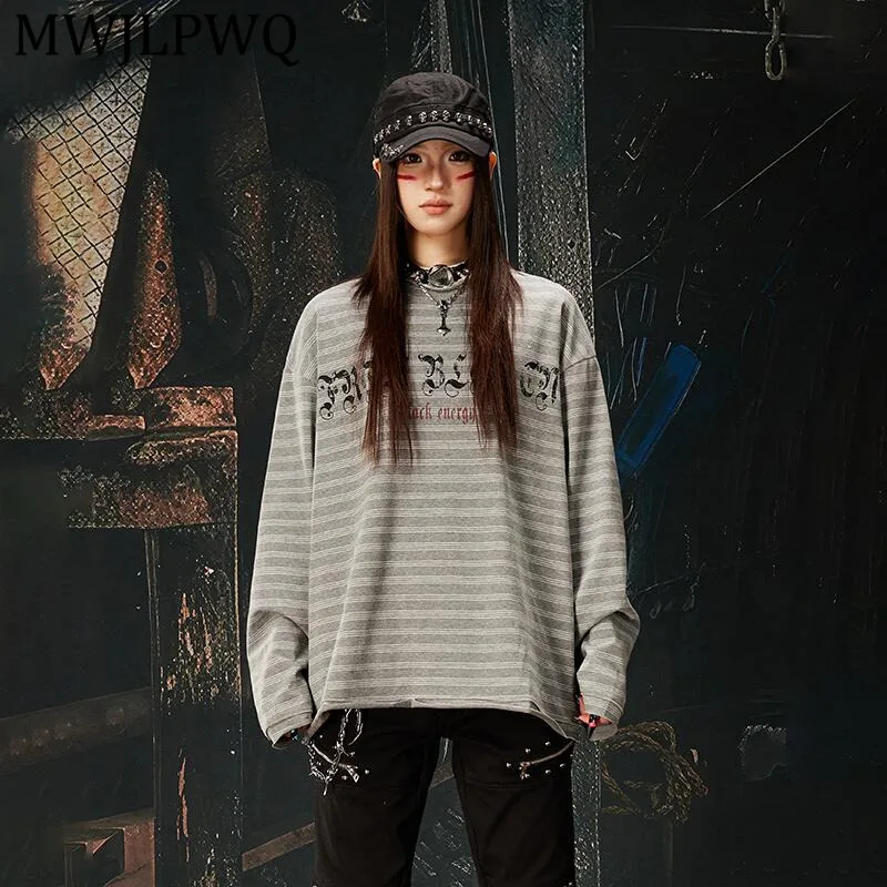 

MWJLPWQ Мужская винтажная футболка с принтом и полосками, с круглым вырезом, свободного кроя, с длинными рукавами, унисекс, весна-осень, повседневные мужские топы 13975