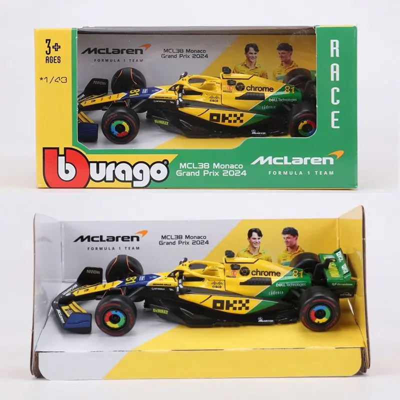 Bburago 1:43 2024 McLaren MCL38 Monaco Grand Prix 4 Lando Norris 81 Daniel Ricciardo Alloy Diecast Car Model F1 Racing Gift