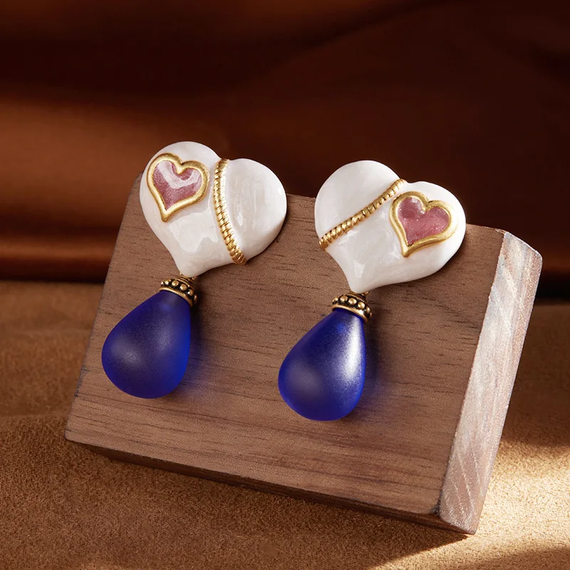 

Fashion Classic Blue Water Drop Frosted Glass Heart Hand-painted Drip Oil Milky White Love Shape Palace Style Earrings for Women